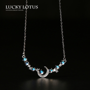 luckylotus珠宝斯里兰卡蓝月光石女项链，银锆石轻奢七星伴月