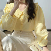 奶黄色长袖衬衫女秋季法式复古娃娃领上衣设计感小众奶甜衬衣