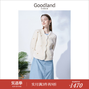 Goodland美地女装冬季短款爱心钉珠羊皮毛一体皮草保暖外套