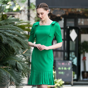 繁花垂柳时尚修身连衣裙中长款收腰气质百褶短袖夏装绿色