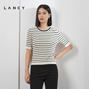 LANCY/朗姿夏季圆领黑白条纹短袖针织衫气质简约修身薄上衣女