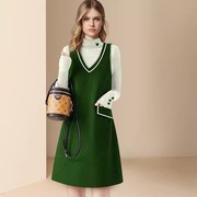 欧美名媛春季2024气质两件套装文艺绿色中长款背心连衣裙上衣
