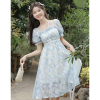 茶歇法式连衣裙小个子夏季女装少女甜美奶乖蓝色方领礼服裙子