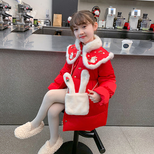 女童棉服2023冬季儿童洋气拜年服红色中长款棉袄女孩棉衣外套