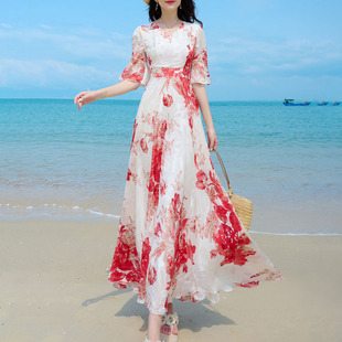 2023夏超仙时尚女神范真丝(范真丝)桑，蚕丝连衣裙沙滩度假修身大摆长裙