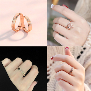 日韩时尚钛钢紧箍咒情侣戒指，长城纹镂空食指中指戒铜钱币铃铛戒指