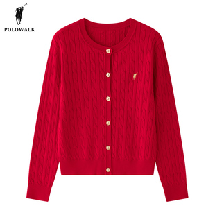 polowalk大红色针织衫开衫，女士2024春季款女装经典，绞花小个子毛衣