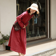 中国红文艺棉麻女装两面穿春季高腰亚麻连衣裙，宽松长袖出游a长裙