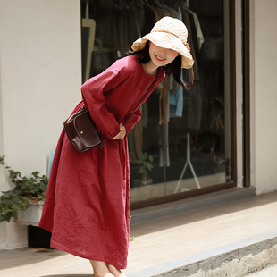 中国红文艺棉麻女装两面，穿春季高腰亚麻，连衣裙宽松长袖出游a长裙