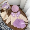 三小朵婴幼儿宝宝女童秋冬棉线，针织紫色刺绣荷叶领花边短裤两件套