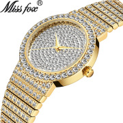 品牌潮流镶水钻表带女士，石英时装手表时尚圆形，金色男普通国产腕表