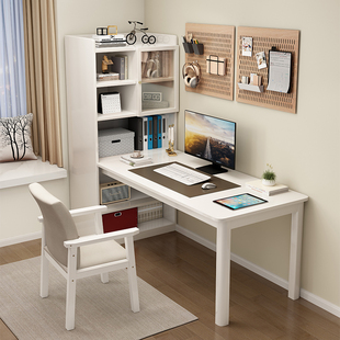 新实木书桌书架一体家用简约转角写字桌带书柜组合学生学习桌办品