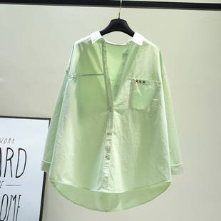 浅绿色不规则设计单口袋(单口袋，)长袖衬衫女2024韩范茶歇法式春日上衣