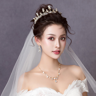 头饰新娘结婚发饰三件套韩式超仙婚纱王冠女生日网红发饰