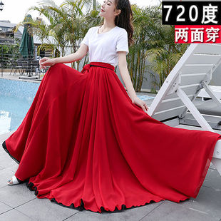 大裙摆720度双层双色两面，穿雪纺长裙红色维族新疆舞广场跳舞裙