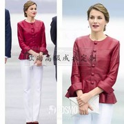 高级定制西班牙王妃同款红色，绵羊皮外套女+白色裤子时尚名媛套装