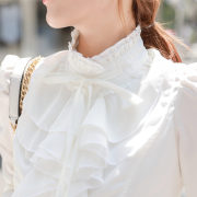 女式白衬衫长袖雪纺衬衫花边立领大码打底白衬衣上衣