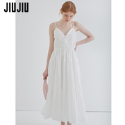 JIUJIU法式白色吊带连衣裙女2024夏季显瘦气质度假风长裙子