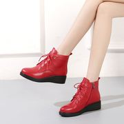 红色短靴女坡跟厚底，真皮单靴2023年马丁靴，真皮短筒加绒女靴子