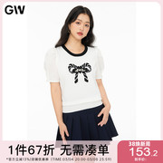 GW大码女装泡泡袖蝴蝶结白色针织短袖2024夏季微胖mm上衣T恤