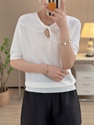 镂空设计薄款短袖针织衫女夏季中年mm宽松t恤法式白色v领上衣