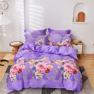 西施-紫 浪漫紫色大花三四件套纯棉床单全棉被套牡丹玫瑰花瓣简约