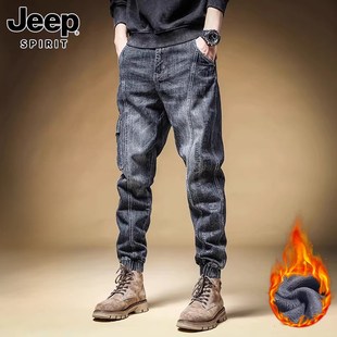 Jeep吉普牛仔裤男士冬季美式加绒保暖工装裤纯棉宽松束脚长裤子男