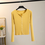 春秋季针织棉开衫纯色圆领，单排扣外套修身坑条超弹黄色上衣百搭女