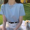 蓝色t恤女夏季2024纯棉圆领，短袖设计感小众小个子纯色上衣