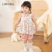lemishue乐咪鼠女童套装，夏季薄款宝宝分体，两件套纯棉夏装儿童衣服