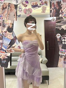 性感荷叶边玫瑰扎花设计紫色连衣裙女夏季性感纯欲辣妹风短裙