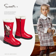 斯纳菲冬季女童靴子加厚棉靴中筒靴，加绒雪地靴大棉，红色真皮长靴黑