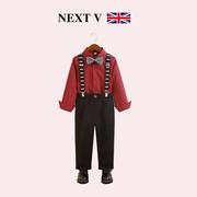英国next儿童礼服春秋季男童，英伦背带裤套装宝，宝花童条纹长袖衬衫