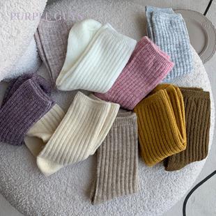 purpleguys竖条羊毛袜子女冬季加厚纯棉，日系ins中筒袜保暖地板袜