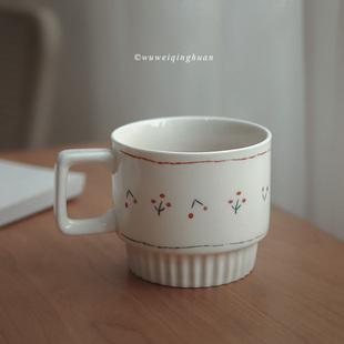 手绘樱桃马克杯 ins风复古法式手握陶瓷咖啡杯小众早餐牛奶杯水杯