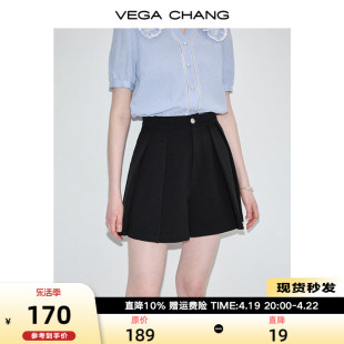 VEGA CHANG休闲裤女2024夏季小个子宽松高腰黑色百褶A字裤裙