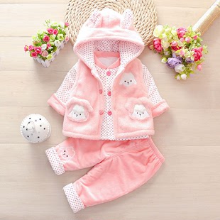 女宝宝秋冬套装0-1-2岁婴幼儿夹棉三件套周岁可爱薄棉冬天衣服
