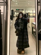 大码今年流行的外套冬季胖妹妹韩系复古宽松长款格纹呢子大衣
