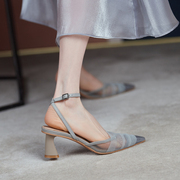 凉鞋女2021年法式网纱包头粗跟一字扣高跟鞋，夏季仙女风