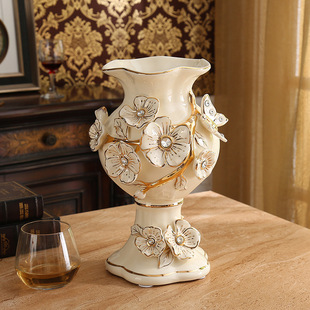 创意欧式象牙黄彩绘(黄彩绘)陶瓷，花瓶高级轻奢家居摆件酒店样板间