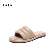 Tata/他她2020夏同款羊皮革时尚套脚外穿平底女拖鞋SLP01BT0