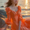 多巴胺海边穿搭橘色缎面连衣裙，2024春款女装，高端精致气质法式裙子