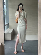 白色露肩连衣裙夏季女装2023高级感惊艳气质绝美长款裙子休闲