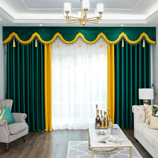 窗帘绒布窗帘美式帘头现代欧式简约拼接色，墨绿色客厅卧室窗帘定制