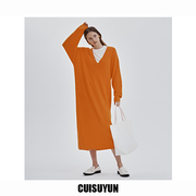 cuisuyun23秋冬柑橘色天丝羊毛，v领长袖茧形中长款毛衣连衣裙