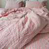日式简约亚麻小细条纹床，单式床品四件套，红色条床笠床上用品套件