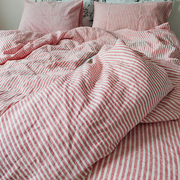 日式简约亚麻小细条纹床，单式床品四件套红色，条床笠床上用品套件