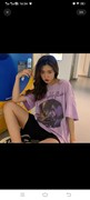 韩风字母印花短袖紫色T恤女夏季宽松纯棉中长款设计感上衣潮
