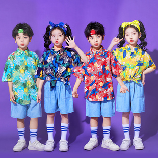 六一儿童演出服港风花衬衫，套装幼儿园男女小学生运动会啦啦队服装