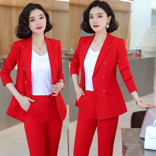 职业女裤套装秋冬韩版修身气质时尚红色双排，扣长袖小西装外套